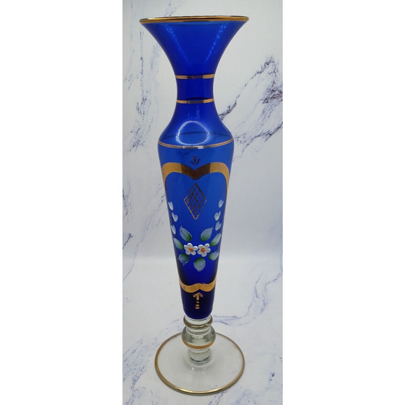 Glass Crystal Handpainted Blue 8 Inch Flower Vase With Gold Accents - Picture 1 of 5
